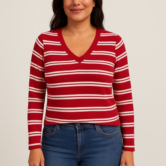 Lacoste Women's Long Sleeve V-neck Striped Sweater Merino Wool Red Cream Size M - Picture 2 of 12